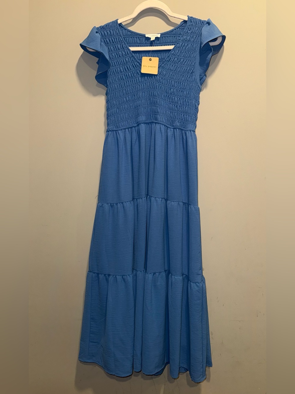 Blue Smocked Tiered Flutter-Sleeve Dress